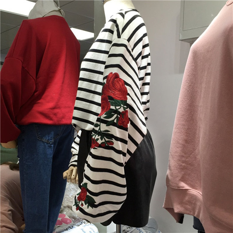 Roses Embroidery Lantern Sleeve Loose Striped Sweatshirt